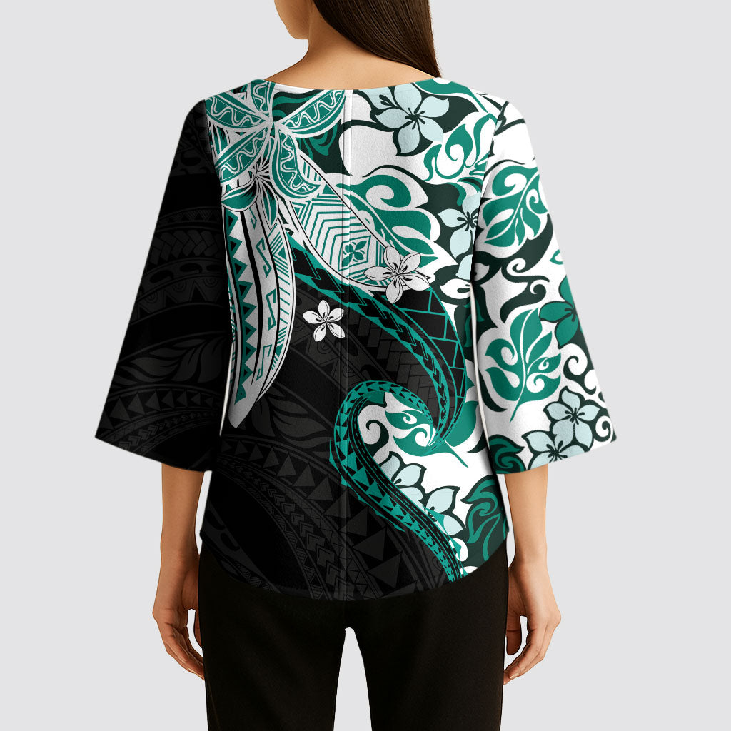 Monstera Plumeria Flowers Teal Kimono Sleeve Blouse Polynesian Pattern LT01 - Polynesian Pride