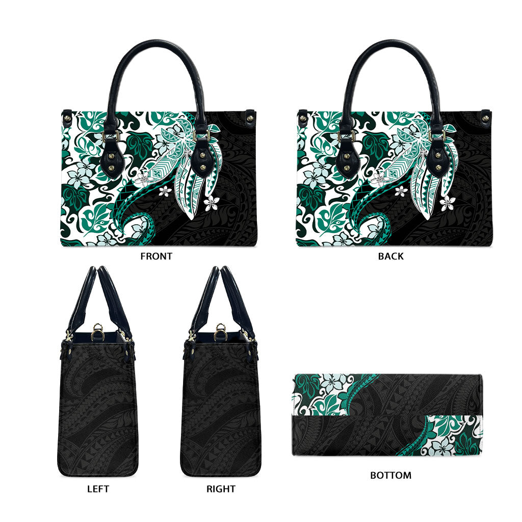 Monstera Plumeria Flowers Teal Leather Bag Polynesian Pattern LT01 - Polynesian Pride