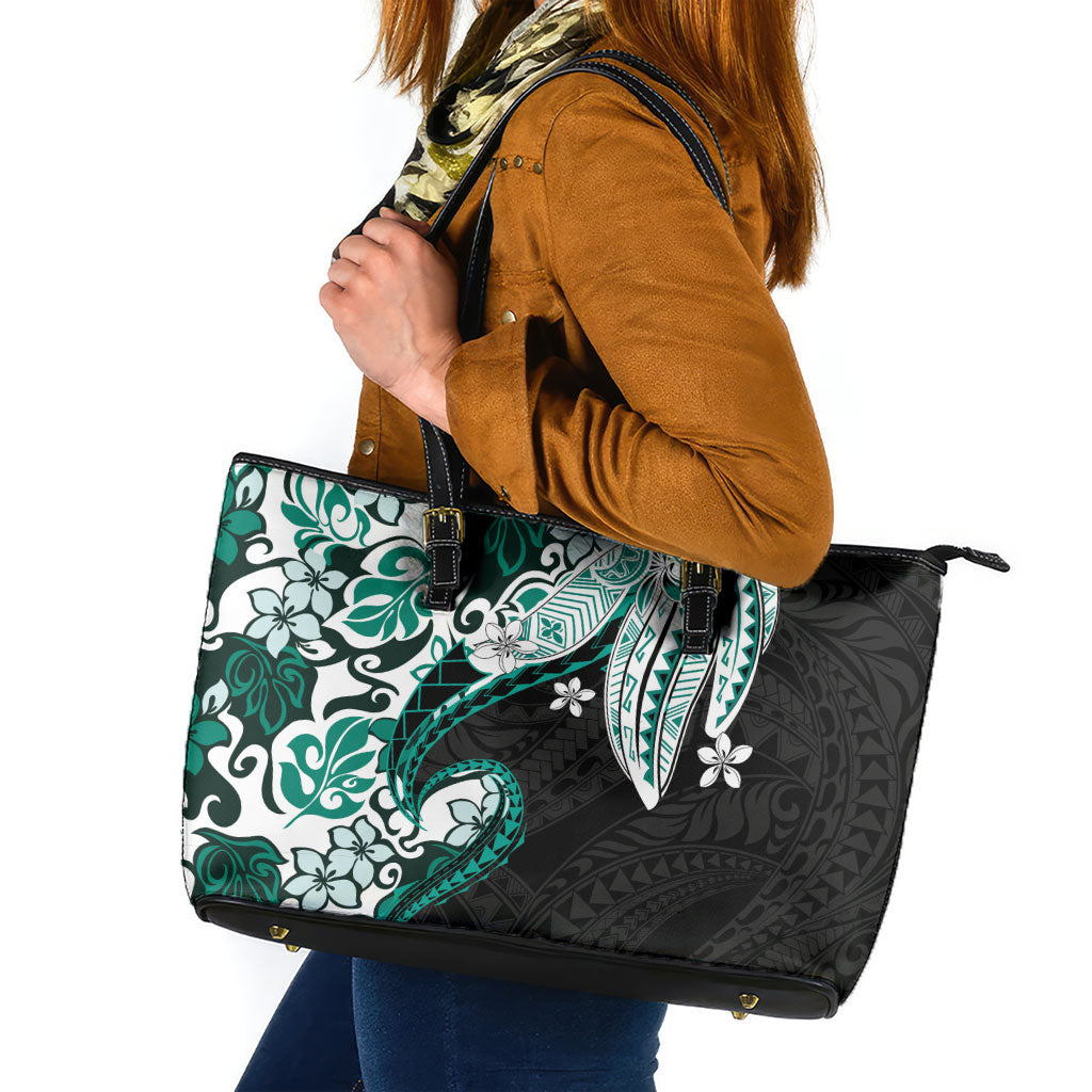 Monstera Plumeria Flowers Teal Leather Tote Bag Polynesian Pattern LT01 Teal - Polynesian Pride