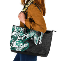 Monstera Plumeria Flowers Teal Leather Tote Bag Polynesian Pattern LT01 Teal - Polynesian Pride