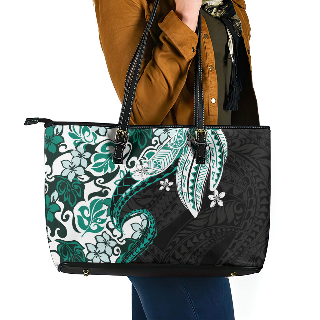 Monstera Plumeria Flowers Teal Leather Tote Bag Polynesian Pattern LT01 - Polynesian Pride