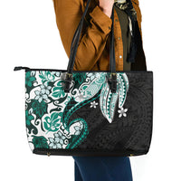 Monstera Plumeria Flowers Teal Leather Tote Bag Polynesian Pattern LT01 - Polynesian Pride