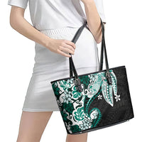 Monstera Plumeria Flowers Teal Leather Tote Bag Polynesian Pattern LT01 - Polynesian Pride