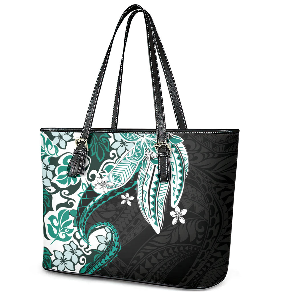 Monstera Plumeria Flowers Teal Leather Tote Bag Polynesian Pattern LT01 - Polynesian Pride