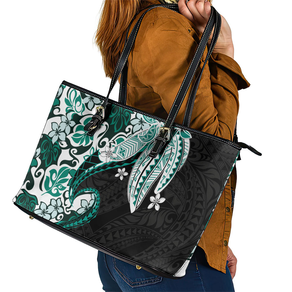 Monstera Plumeria Flowers Teal Leather Tote Bag Polynesian Pattern LT01 - Polynesian Pride