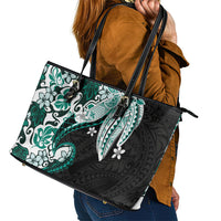 Monstera Plumeria Flowers Teal Leather Tote Bag Polynesian Pattern LT01 - Polynesian Pride