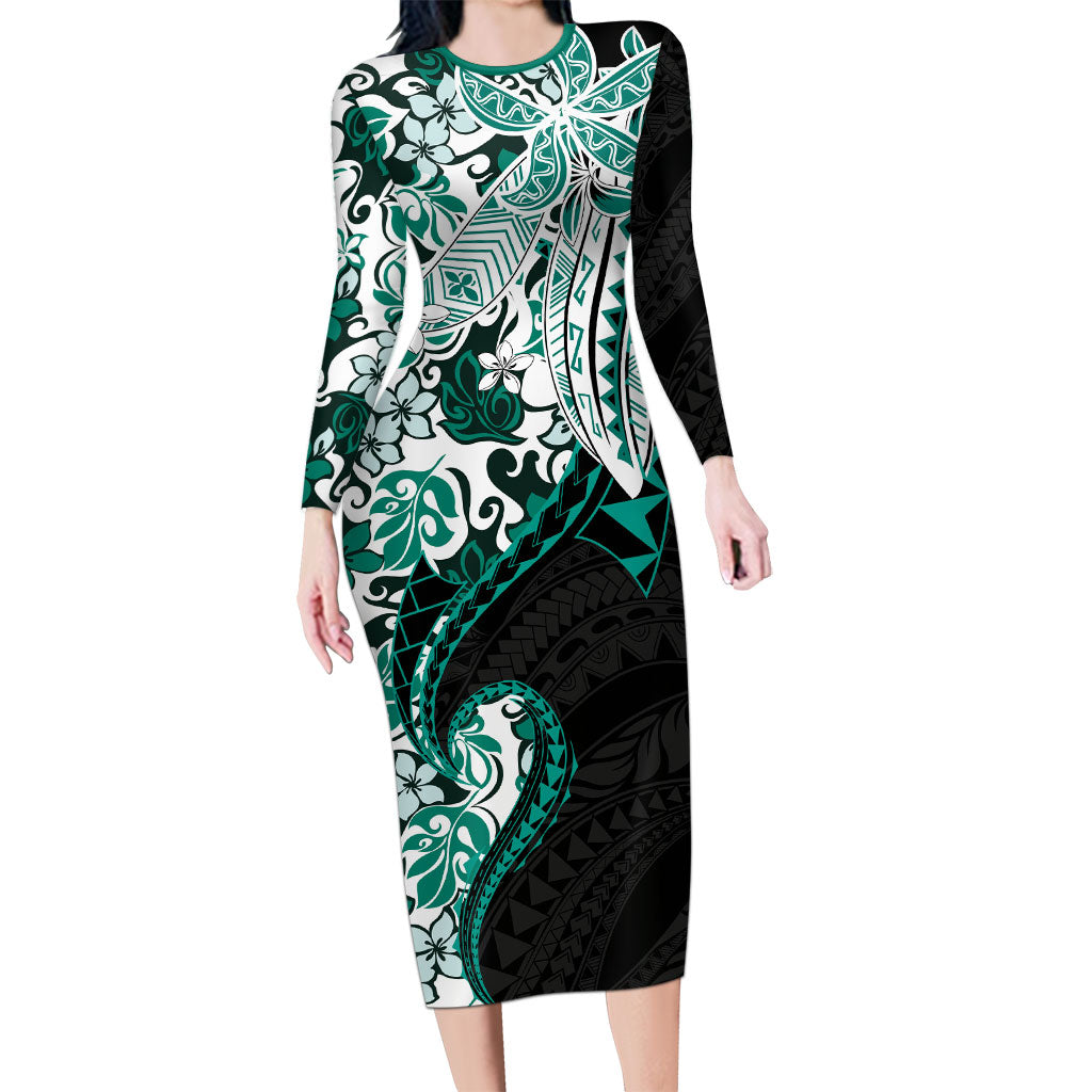 Monstera Plumeria Flowers Teal Long Sleeve Bodycon Dress Polynesian Pattern LT01 Long Dress Teal - Polynesian Pride