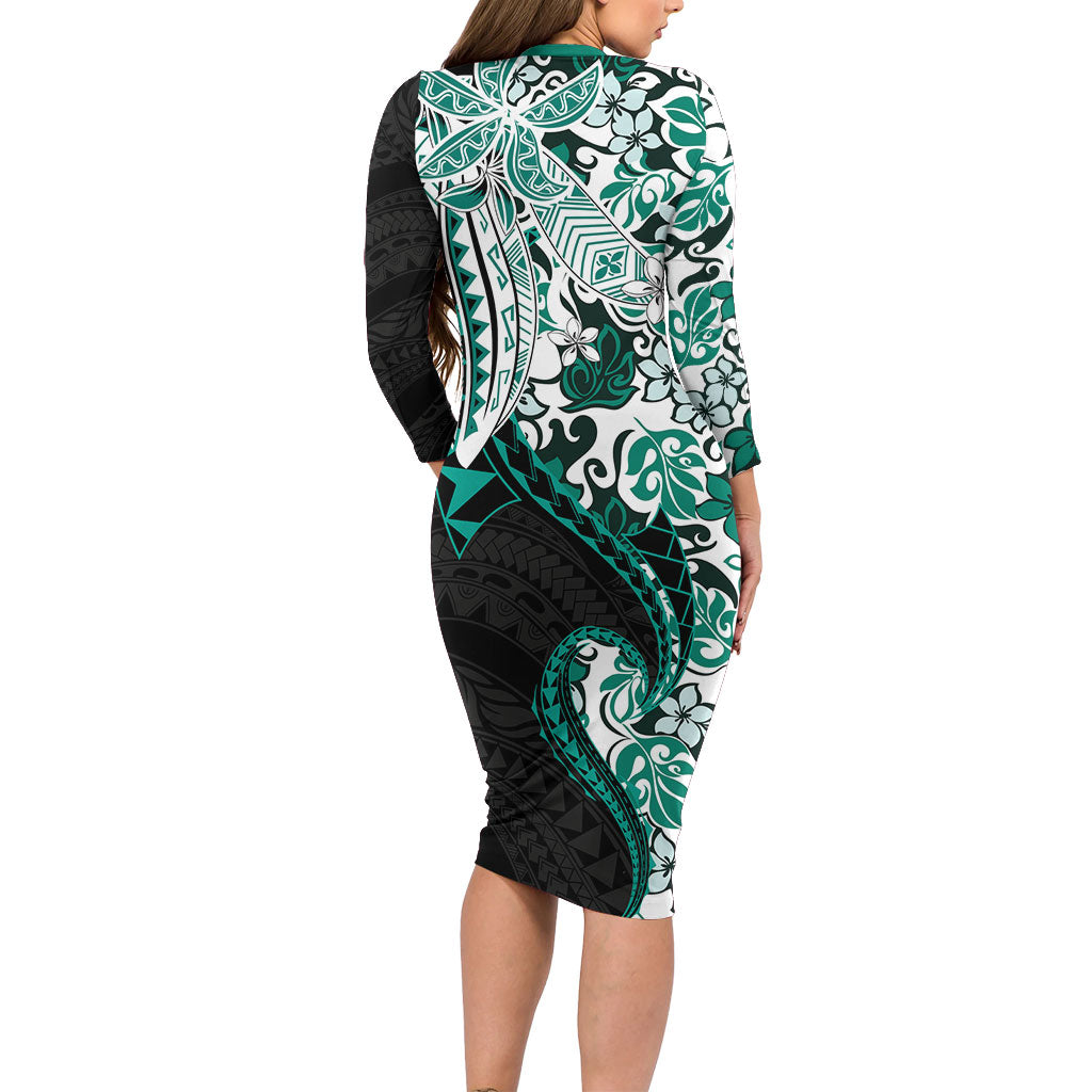 Monstera Plumeria Flowers Teal Long Sleeve Bodycon Dress Polynesian Pattern LT01 - Polynesian Pride