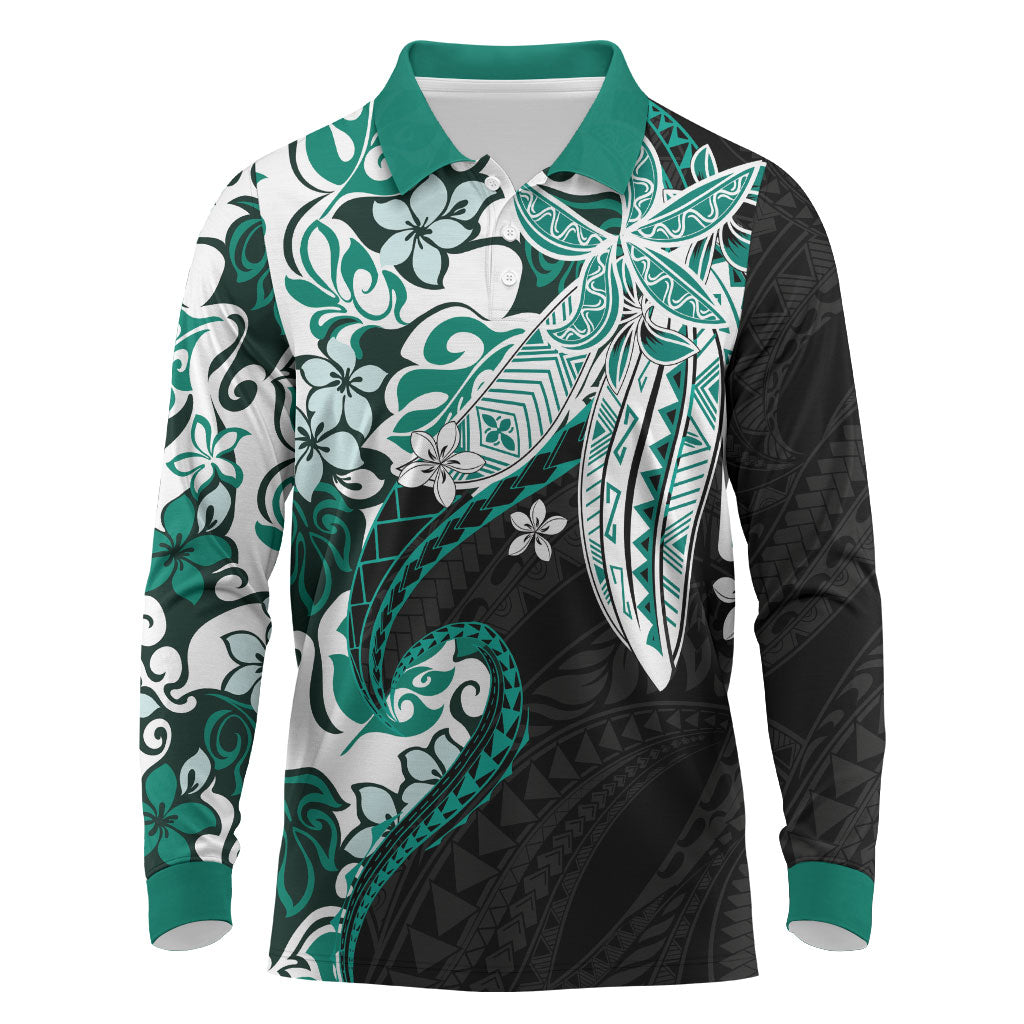 Monstera Plumeria Flowers Teal Long Sleeve Polo Shirt Polynesian Pattern LT01 Teal - Polynesian Pride