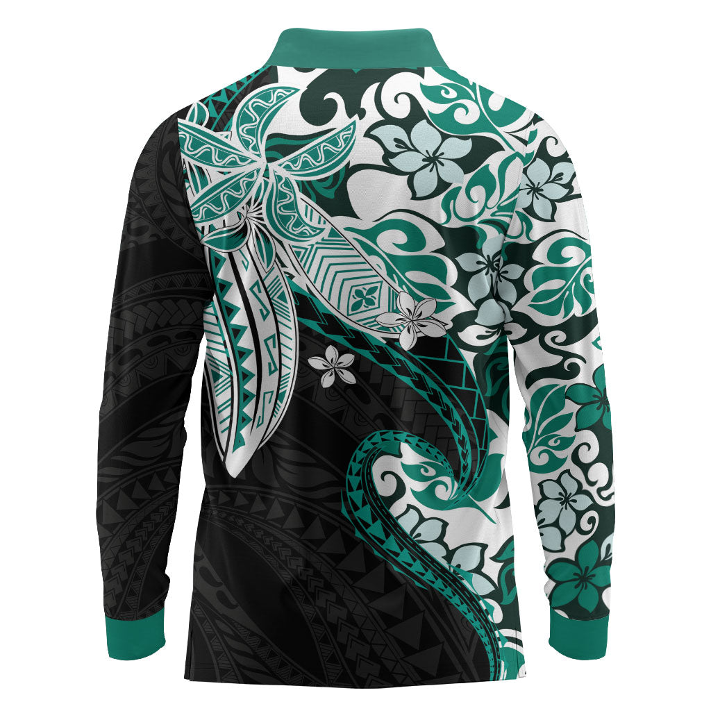 Monstera Plumeria Flowers Teal Long Sleeve Polo Shirt Polynesian Pattern LT01 - Polynesian Pride