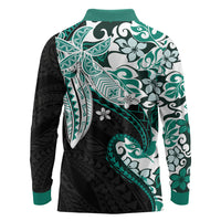 Monstera Plumeria Flowers Teal Long Sleeve Polo Shirt Polynesian Pattern LT01 - Polynesian Pride