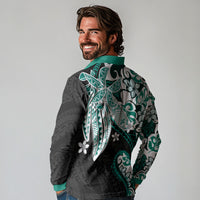 Monstera Plumeria Flowers Teal Long Sleeve Polo Shirt Polynesian Pattern LT01 - Polynesian Pride