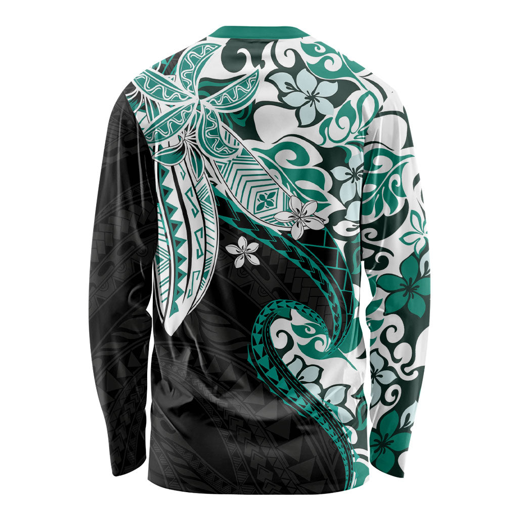 Monstera Plumeria Flowers Teal Long Sleeve Shirt Polynesian Pattern LT01 - Polynesian Pride