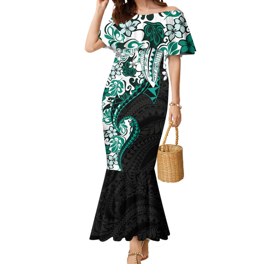Monstera Plumeria Flowers Teal Mermaid Dress Polynesian Pattern LT01 Women Teal - Polynesian Pride