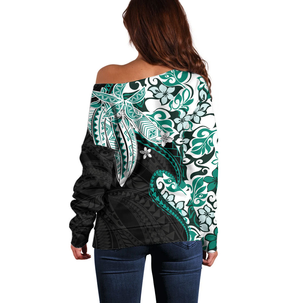 Monstera Plumeria Flowers Teal Off Shoulder Sweater Polynesian Pattern LT01 - Polynesian Pride