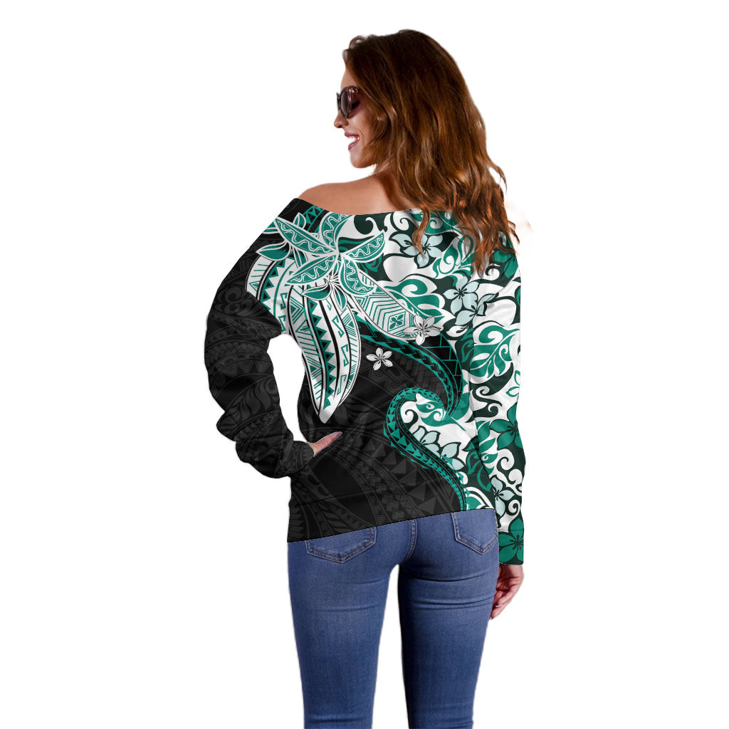 Monstera Plumeria Flowers Teal Off Shoulder Sweater Polynesian Pattern LT01 - Polynesian Pride