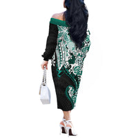 Monstera Plumeria Flowers Teal Off The Shoulder Long Sleeve Dress Polynesian Pattern LT01 - Polynesian Pride