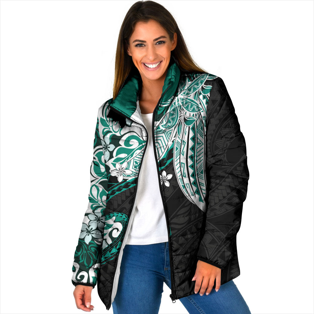Monstera Plumeria Flowers Teal Padded Jacket Polynesian Pattern LT01 Women Teal - Polynesian Pride