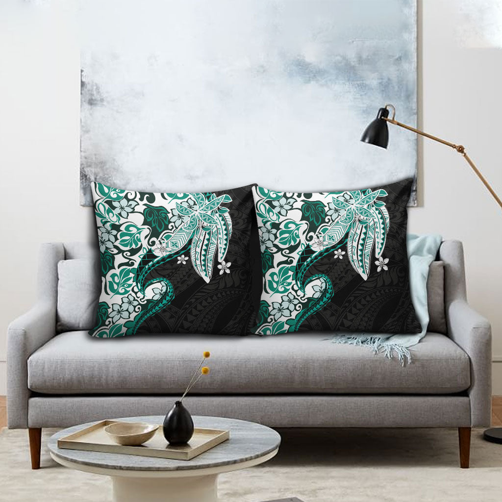 Monstera Plumeria Flowers Teal Pillow Cover Polynesian Pattern