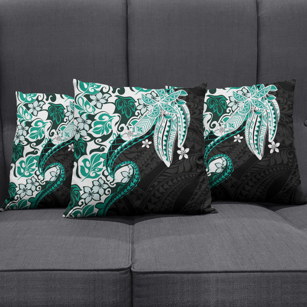 Monstera Plumeria Flowers Teal Pillow Cover Polynesian Pattern