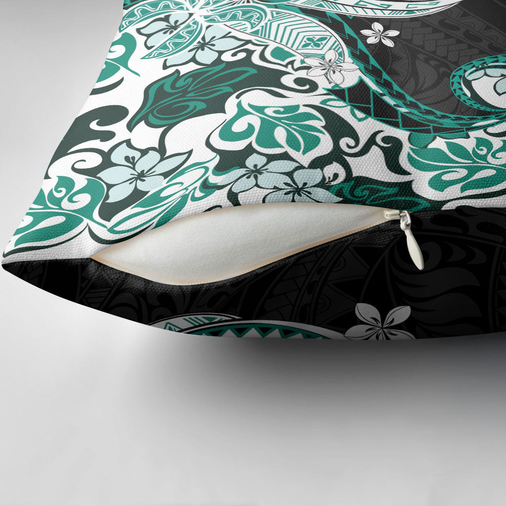 Monstera Plumeria Flowers Teal Pillow Cover Polynesian Pattern