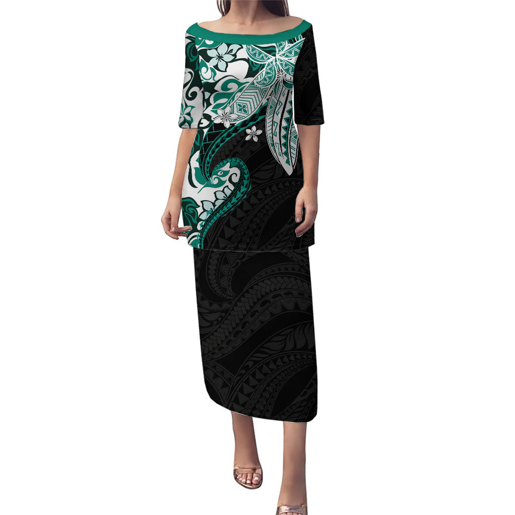 Monstera Plumeria Flowers Teal Puletasi Polynesian Pattern LT01 Long Dress Teal - Polynesian Pride