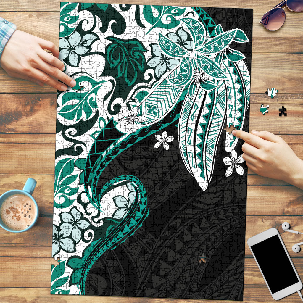 Monstera Plumeria Flowers Teal Puzzle Polynesian Pattern LT01 Teal - Polynesian Pride