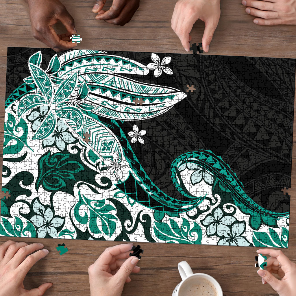 Monstera Plumeria Flowers Teal Puzzle Polynesian Pattern LT01 - Polynesian Pride