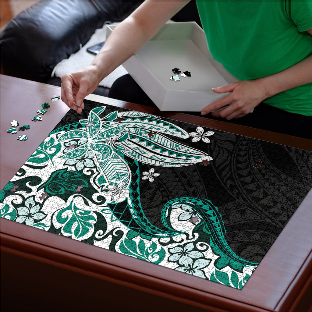 Monstera Plumeria Flowers Teal Puzzle Polynesian Pattern LT01 - Polynesian Pride