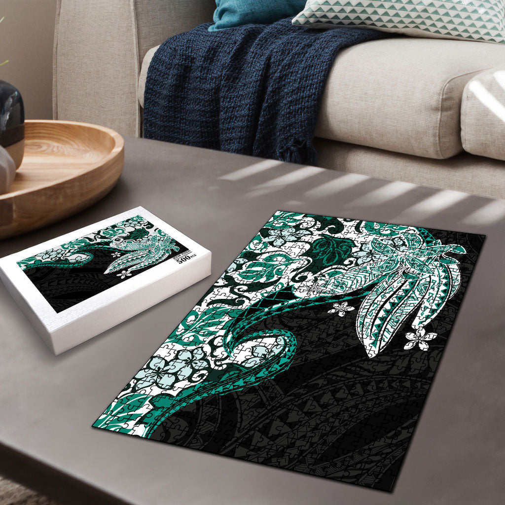 Monstera Plumeria Flowers Teal Puzzle Polynesian Pattern LT01 - Polynesian Pride