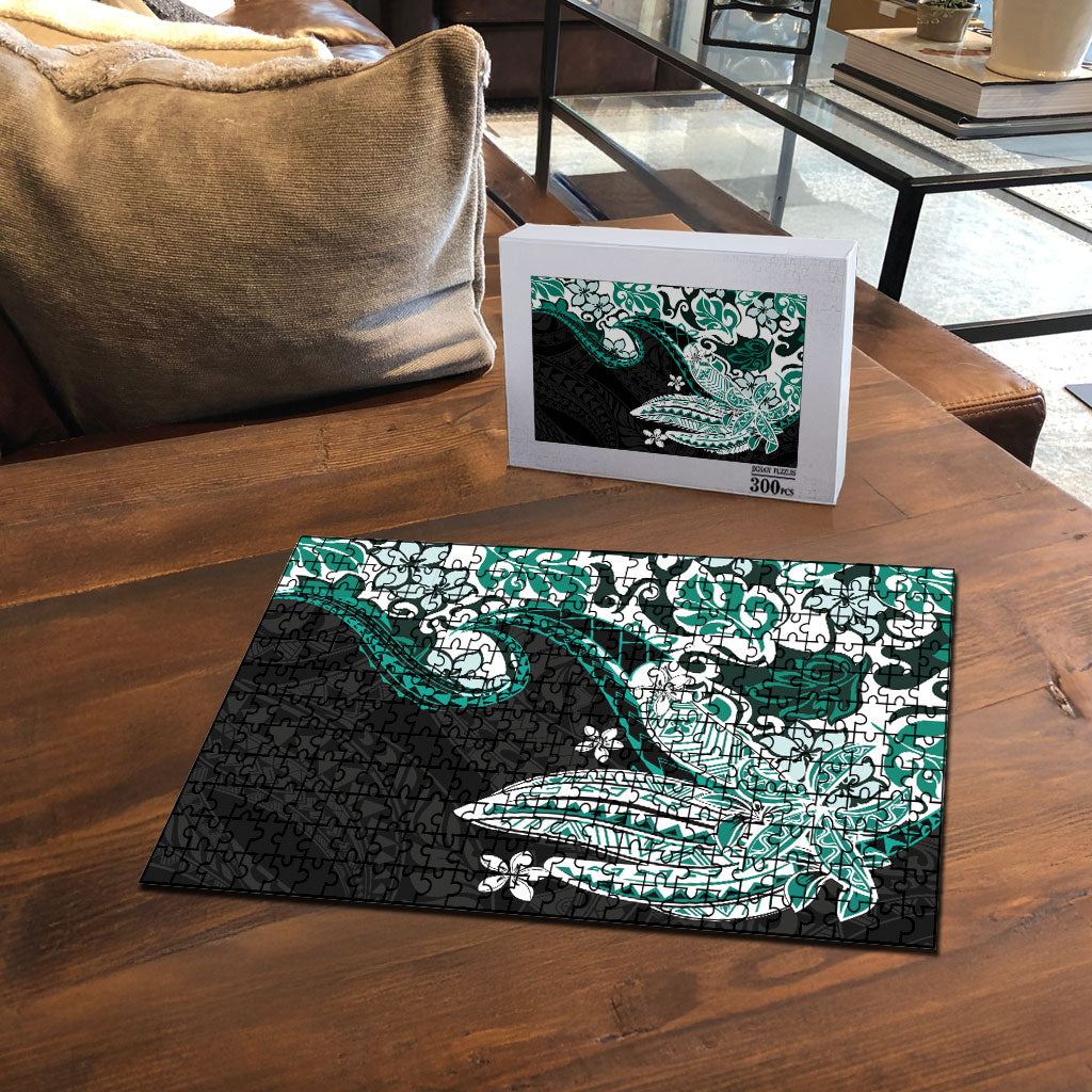 Monstera Plumeria Flowers Teal Puzzle Polynesian Pattern LT01 - Polynesian Pride