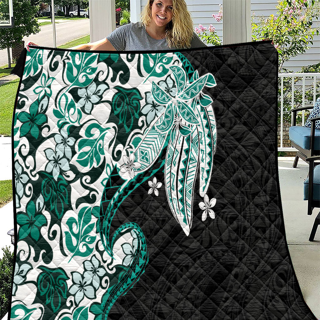 Monstera Plumeria Flowers Teal Quilt Polynesian Pattern LT01 Teal - Polynesian Pride
