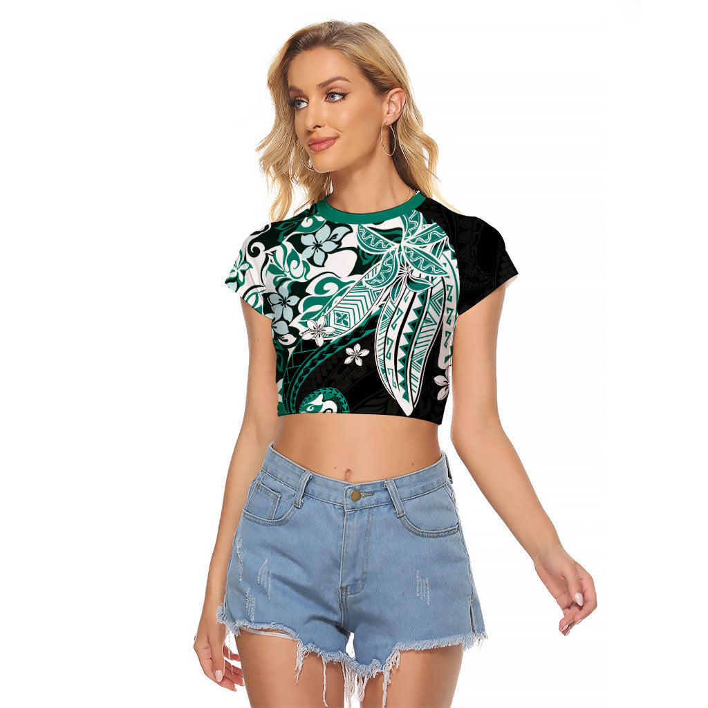 Monstera Plumeria Flowers Teal Raglan Cropped T Shirt Polynesian Pattern LT01 Female Teal - Polynesian Pride