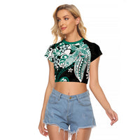 Monstera Plumeria Flowers Teal Raglan Cropped T Shirt Polynesian Pattern LT01 Female Teal - Polynesian Pride