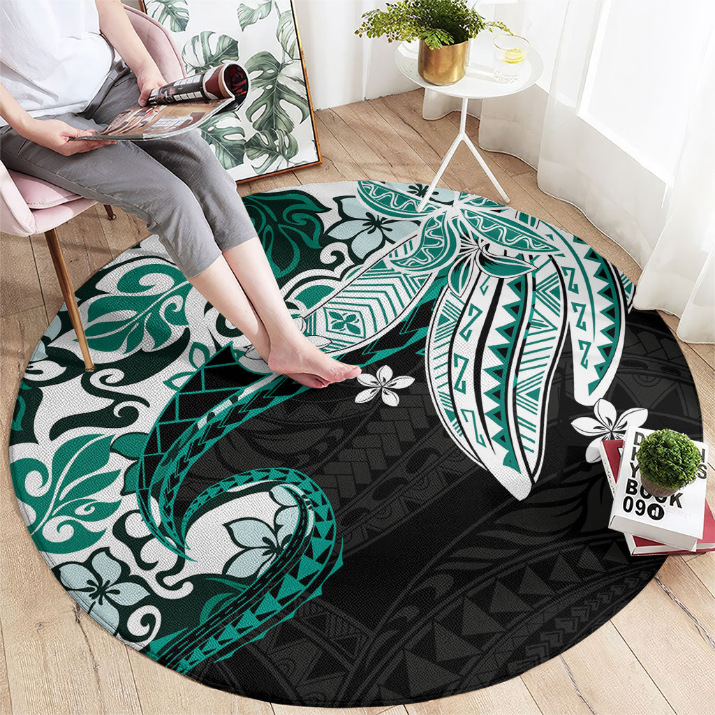Monstera Plumeria Flowers Teal Round Carpet Polynesian Pattern LT01 - Polynesian Pride