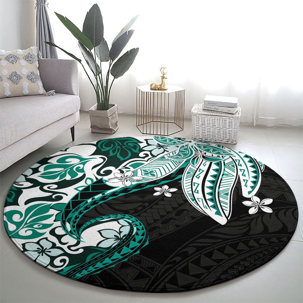 Monstera Plumeria Flowers Teal Round Carpet Polynesian Pattern LT01 - Polynesian Pride
