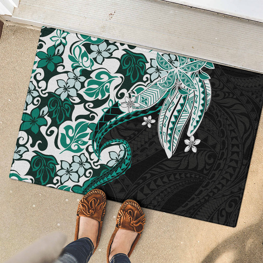 Monstera Plumeria Flowers Teal Rubber Doormat Polynesian Pattern LT01 - Polynesian Pride