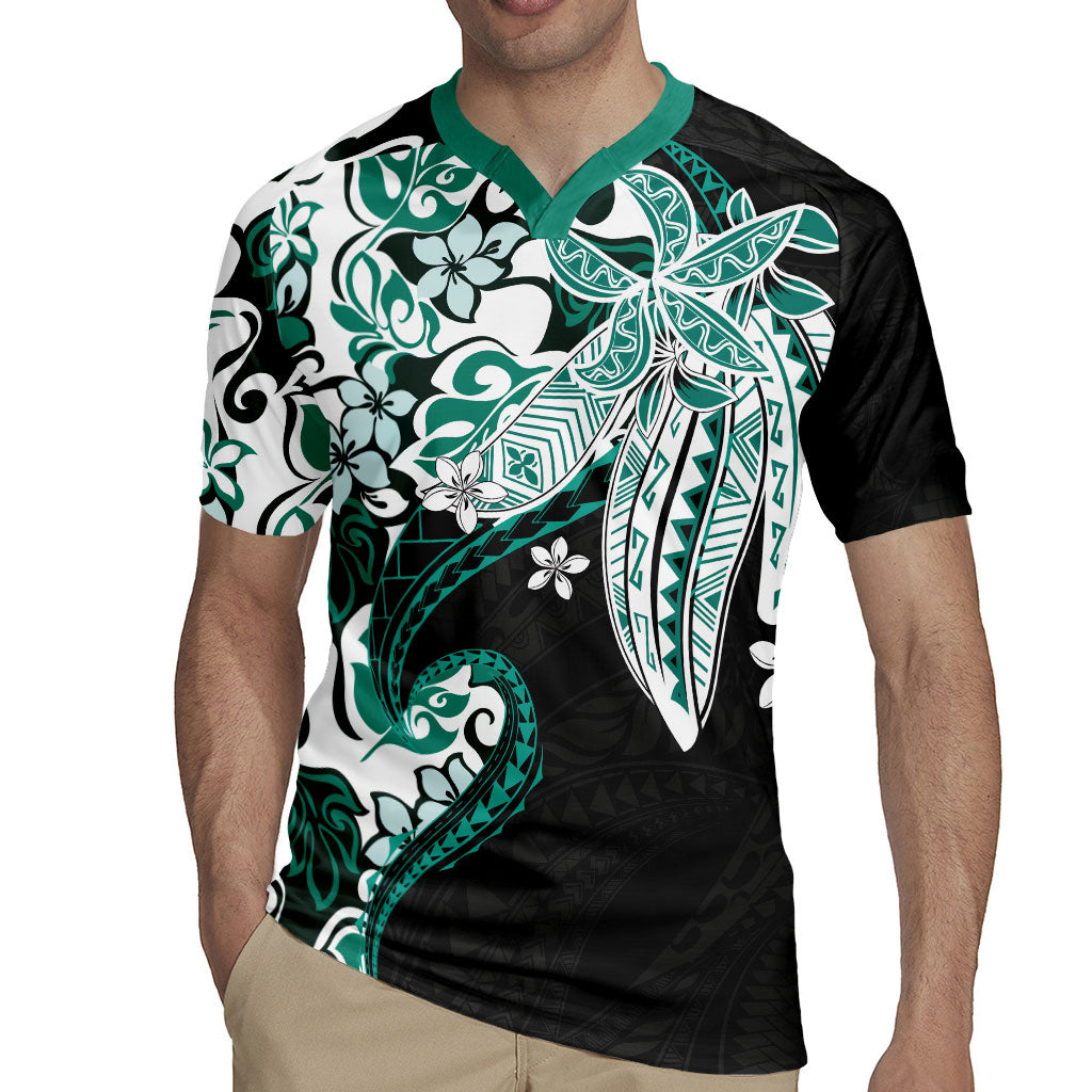Monstera Plumeria Flowers Teal Rugby Jersey Polynesian Pattern LT01 - Polynesian Pride