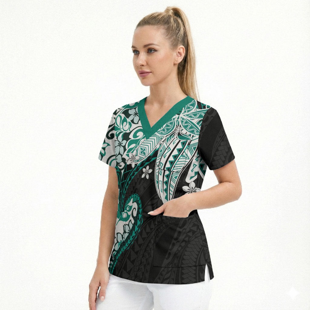 Monstera Plumeria Flowers Teal Scrub Top Polynesian Pattern LT01 - Polynesian Pride