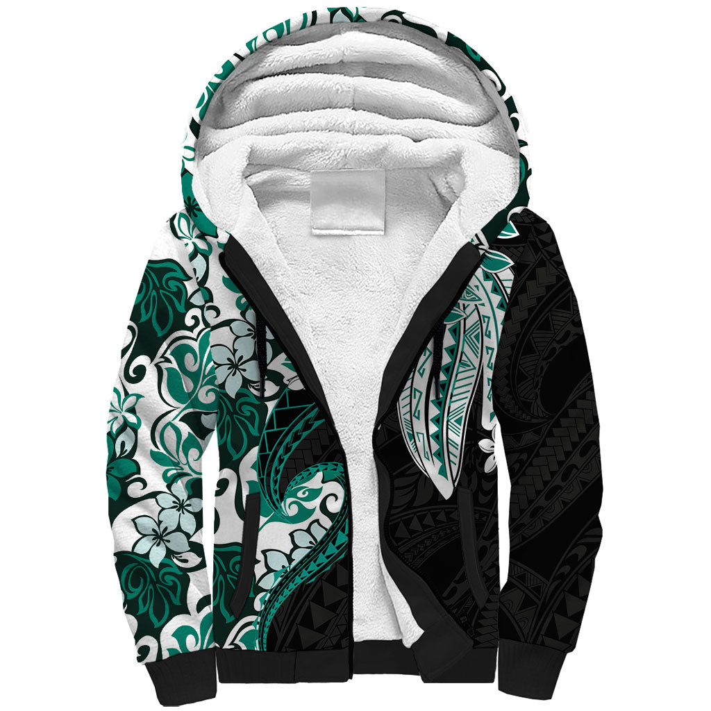 Monstera Plumeria Flowers Teal Sherpa Hoodie Polynesian Pattern LT01 Unisex Teal - Polynesian Pride