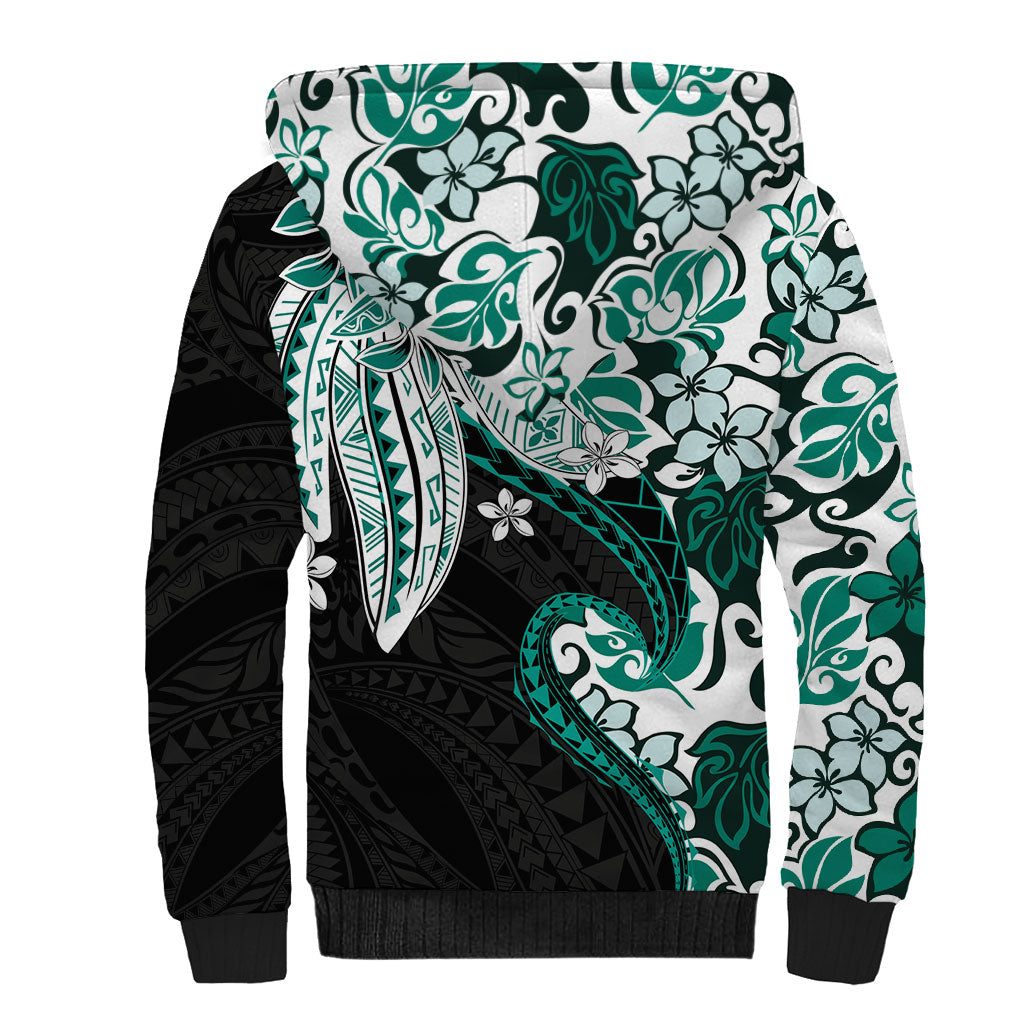 Monstera Plumeria Flowers Teal Sherpa Hoodie Polynesian Pattern LT01 - Polynesian Pride