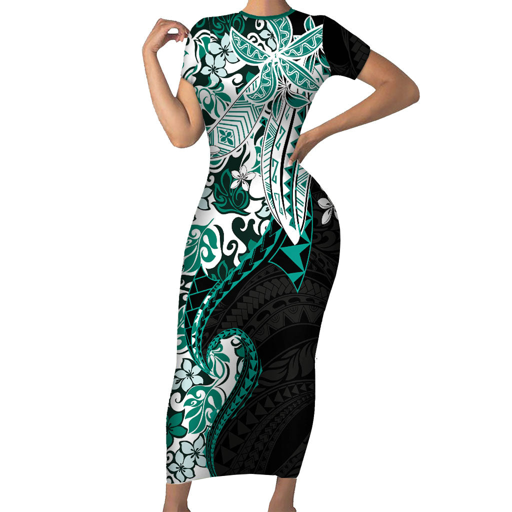 Monstera Plumeria Flowers Teal Short Sleeve Bodycon Dress Polynesian Pattern LT01 Long Dress Teal - Polynesian Pride