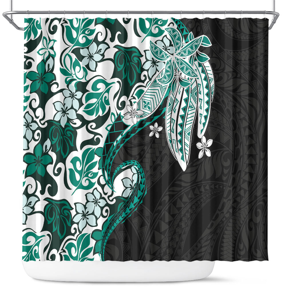 Monstera Plumeria Flowers Teal Shower Curtain Polynesian Pattern LT01 Teal - Polynesian Pride
