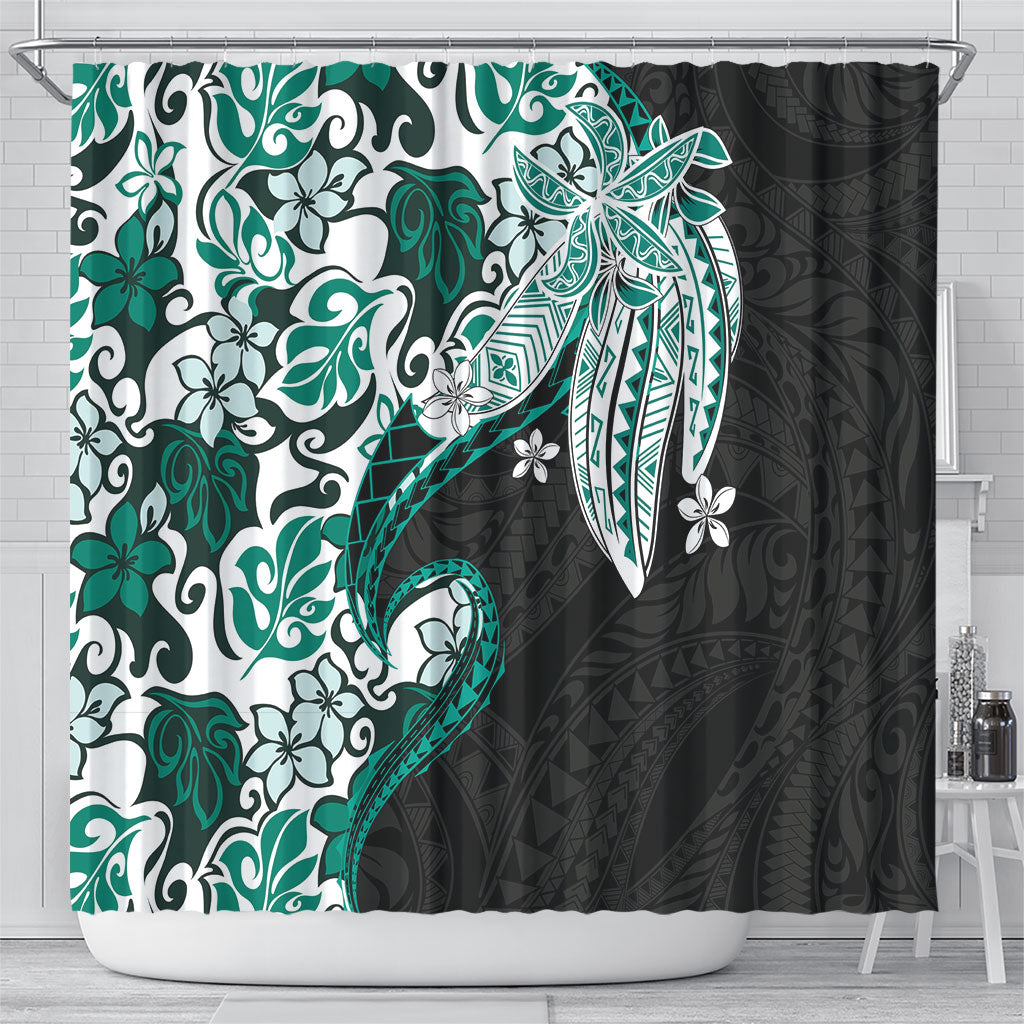 Monstera Plumeria Flowers Teal Shower Curtain Polynesian Pattern LT01 - Polynesian Pride