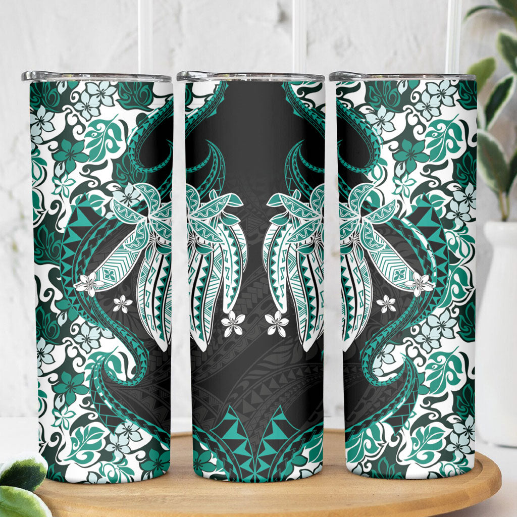 Monstera Plumeria Flowers Teal Skinny Tumbler Polynesian Pattern LT01 - Polynesian Pride