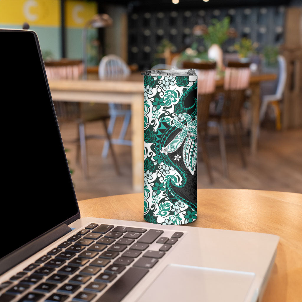 Monstera Plumeria Flowers Teal Skinny Tumbler Polynesian Pattern LT01 - Polynesian Pride