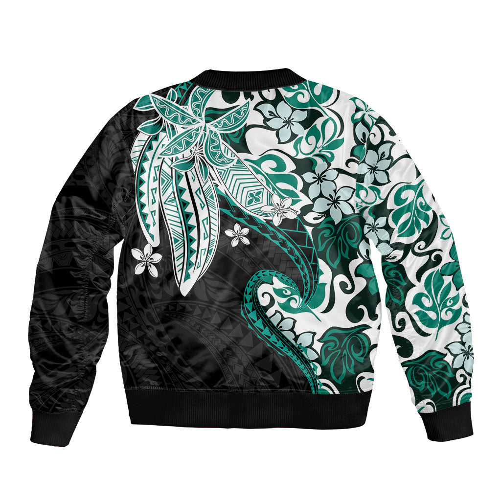 Monstera Plumeria Flowers Teal Sleeve Zip Bomber Jacket Polynesian Pattern LT01 - Polynesian Pride