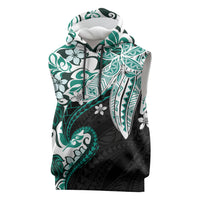Monstera Plumeria Flowers Teal Sleeveless Hoodie Polynesian Pattern