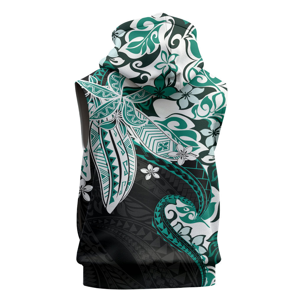 Monstera Plumeria Flowers Teal Sleeveless Hoodie Polynesian Pattern