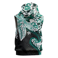 Monstera Plumeria Flowers Teal Sleeveless Hoodie Polynesian Pattern